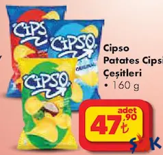 CİPSO PATATES CİPSİ ÇEŞİTLERİ 160 G fiyat ve kampanya bilgisi